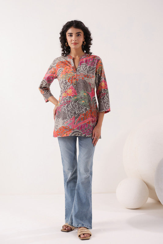 Heritage Hues Printed Grey Cotton Top