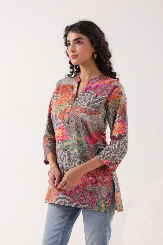 Heritage Hues Printed Grey Cotton Top