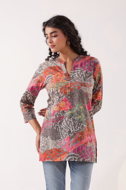 Heritage Hues Printed Grey Cotton Top
