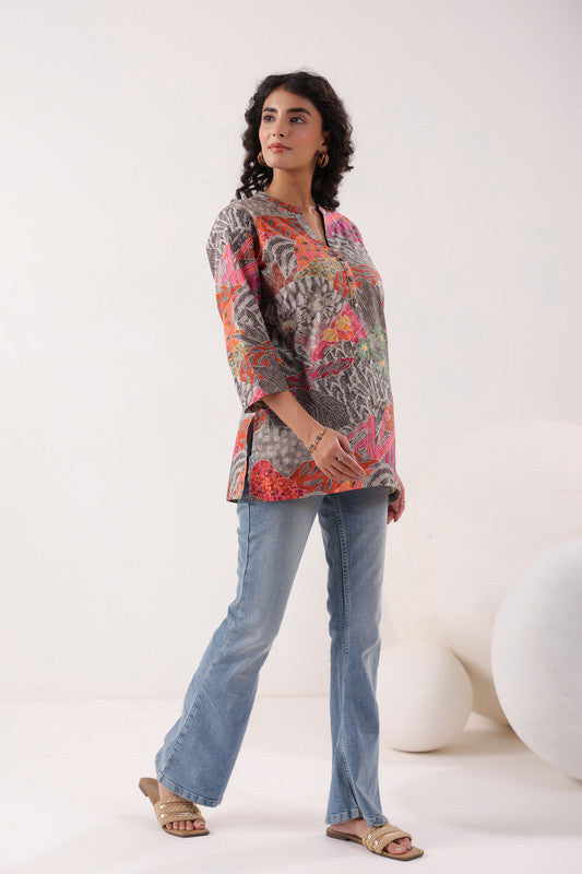 Heritage Hues Printed Grey Cotton Top