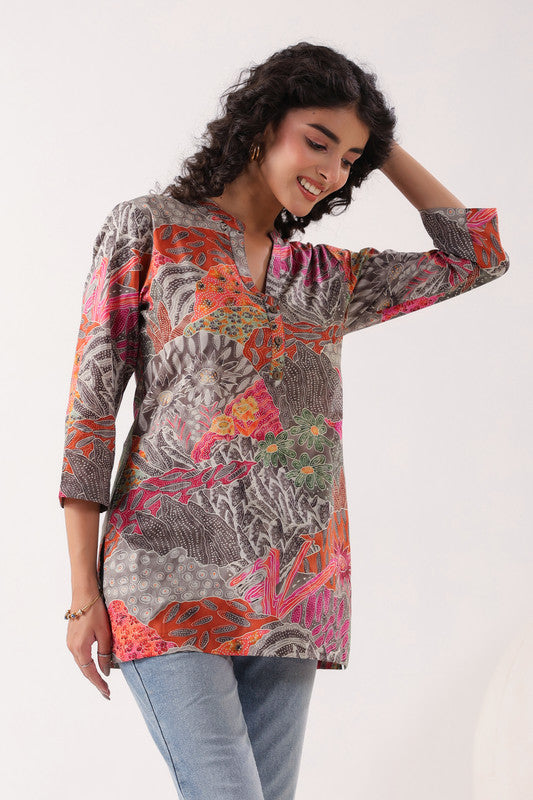 Heritage Hues Printed Grey Cotton Top