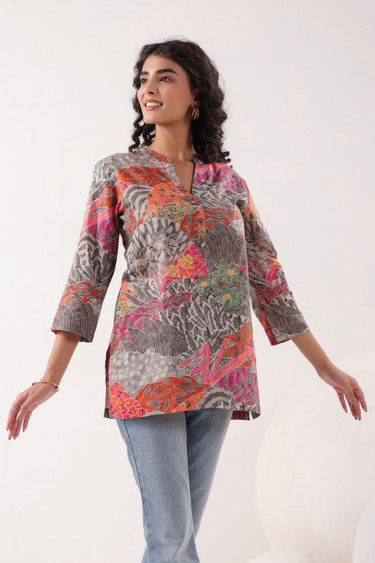 Heritage Hues Printed Grey Cotton Top