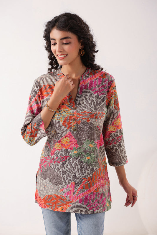 Heritage Hues Printed Grey Cotton Top