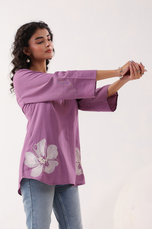 Blossom Breeze Cotton Flex Purple Embroidered Top