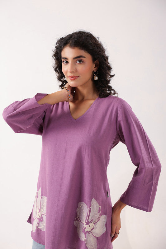 Blossom Breeze Cotton Flex Purple Embroidered Top
