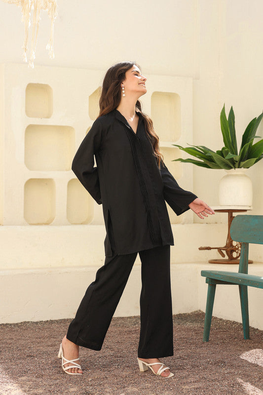 Pure Ease In Black Russian Silk Co-ord Set