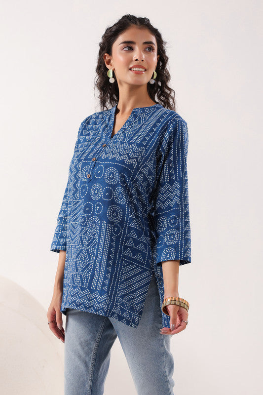 Tribal Echo Printed Blue Cotton Top
