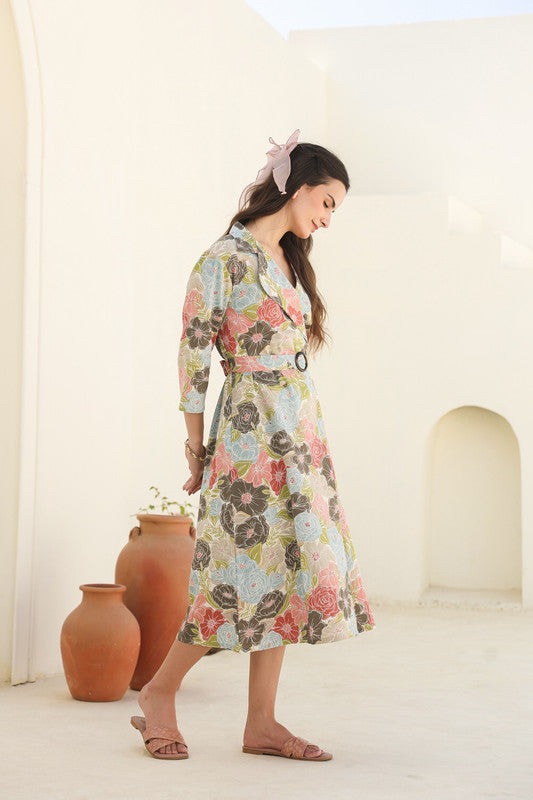 Floral Cascade Belted Cotton Flex Dress