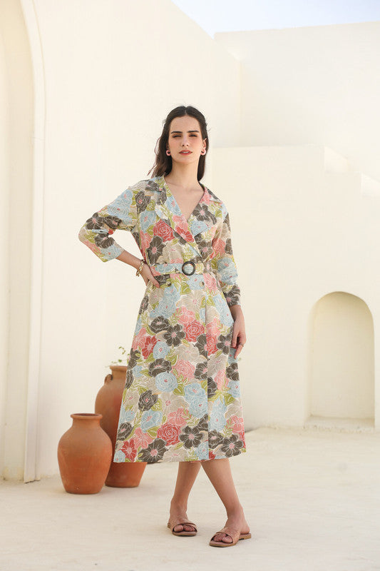 Floral Cascade Belted Cotton Flex Dress