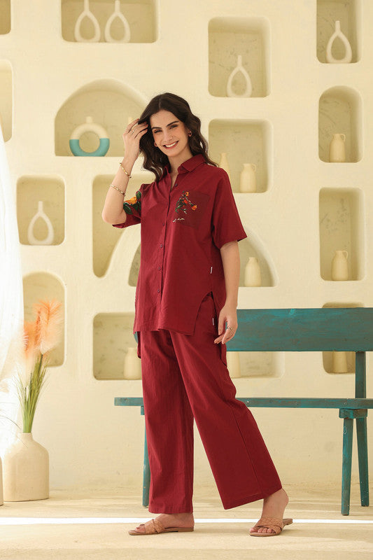 Sunlit Tropics Maroon Cotton Co-ord Set