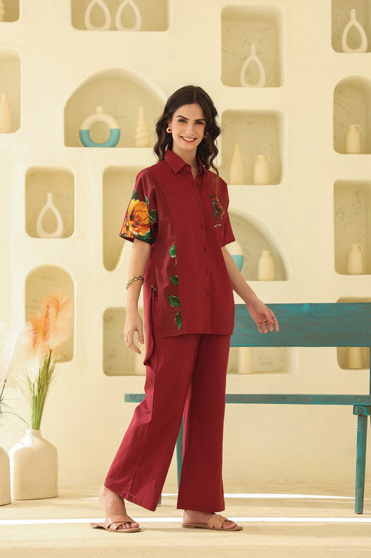 Sunlit Tropics Maroon Cotton Co-ord Set