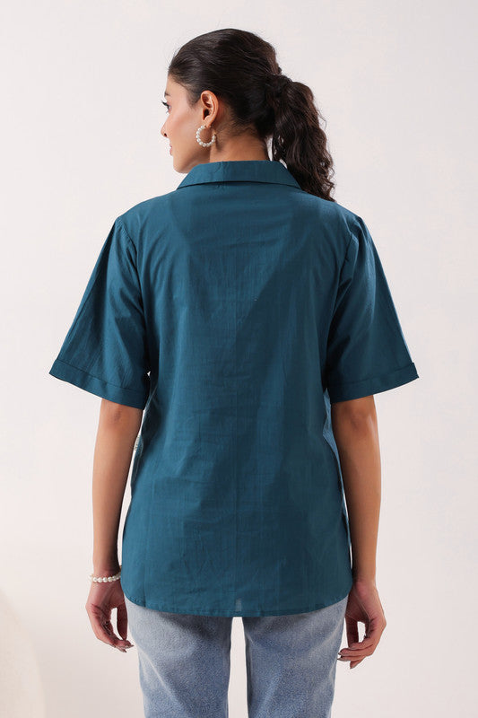 Spiral Elegance Teal Cotton Embroidered Top