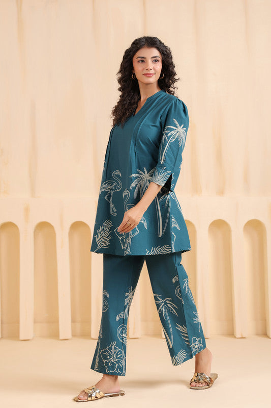 Teal Flamingo Cotton Co-ord Set