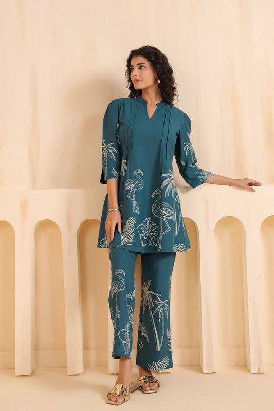 Teal Flamingo Cotton Co-ord Set