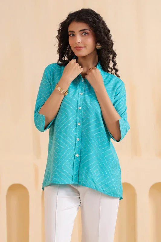 Aqua Geometry Classic Button-Down Muslin Silk Shirt