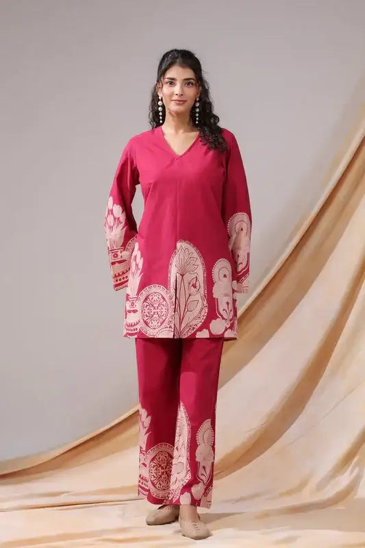 Pink Floral & Geometric Motifs Printed Cotton Co-ord Set 