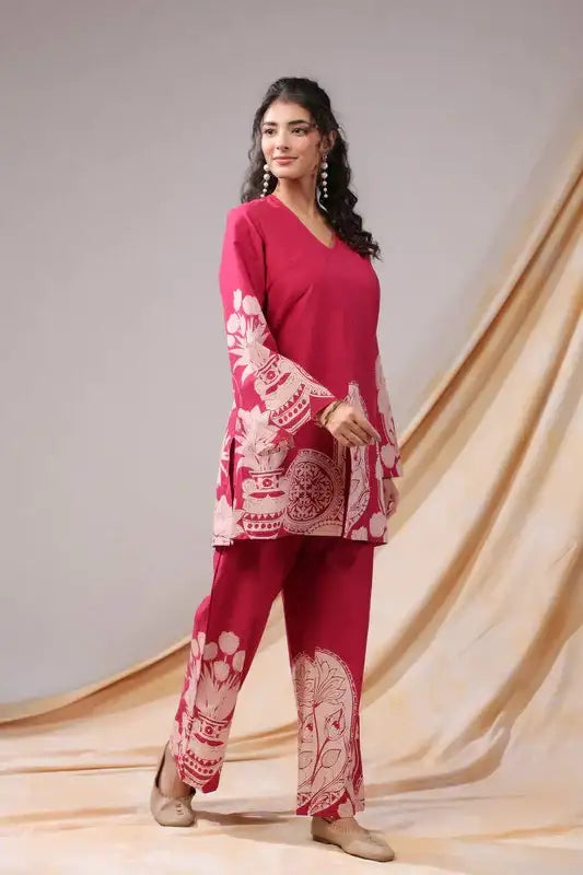Pink Floral & Geometric Motifs Printed Cotton Co-ord Set 