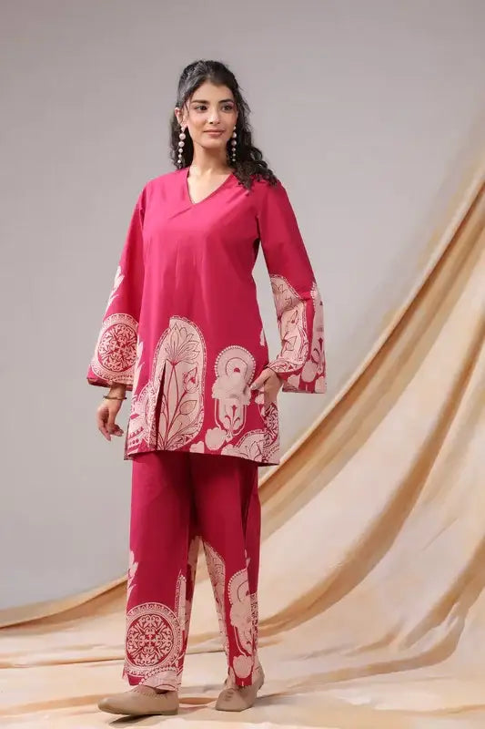 Pink Floral & Geometric Motifs Printed Cotton Co-ord Set 