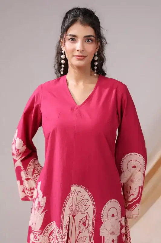 Pink Floral & Geometric Motifs Printed Cotton Co-ord Set 