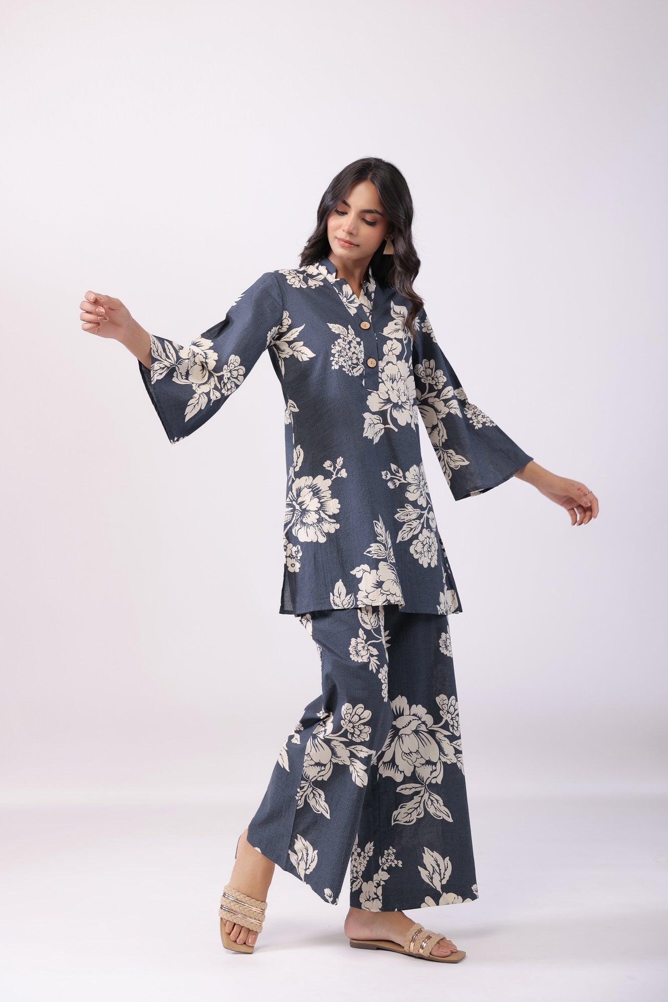 Dusk Bloom Grey Cotton Palazzo Loungewear Set