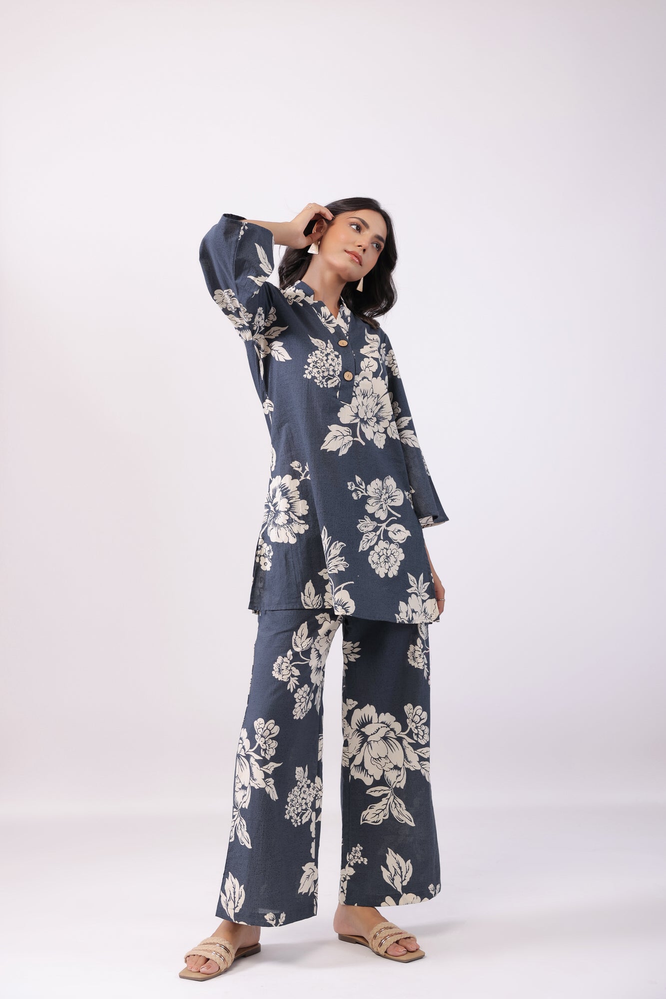 Dusk Bloom Grey Cotton Palazzo Loungewear Set