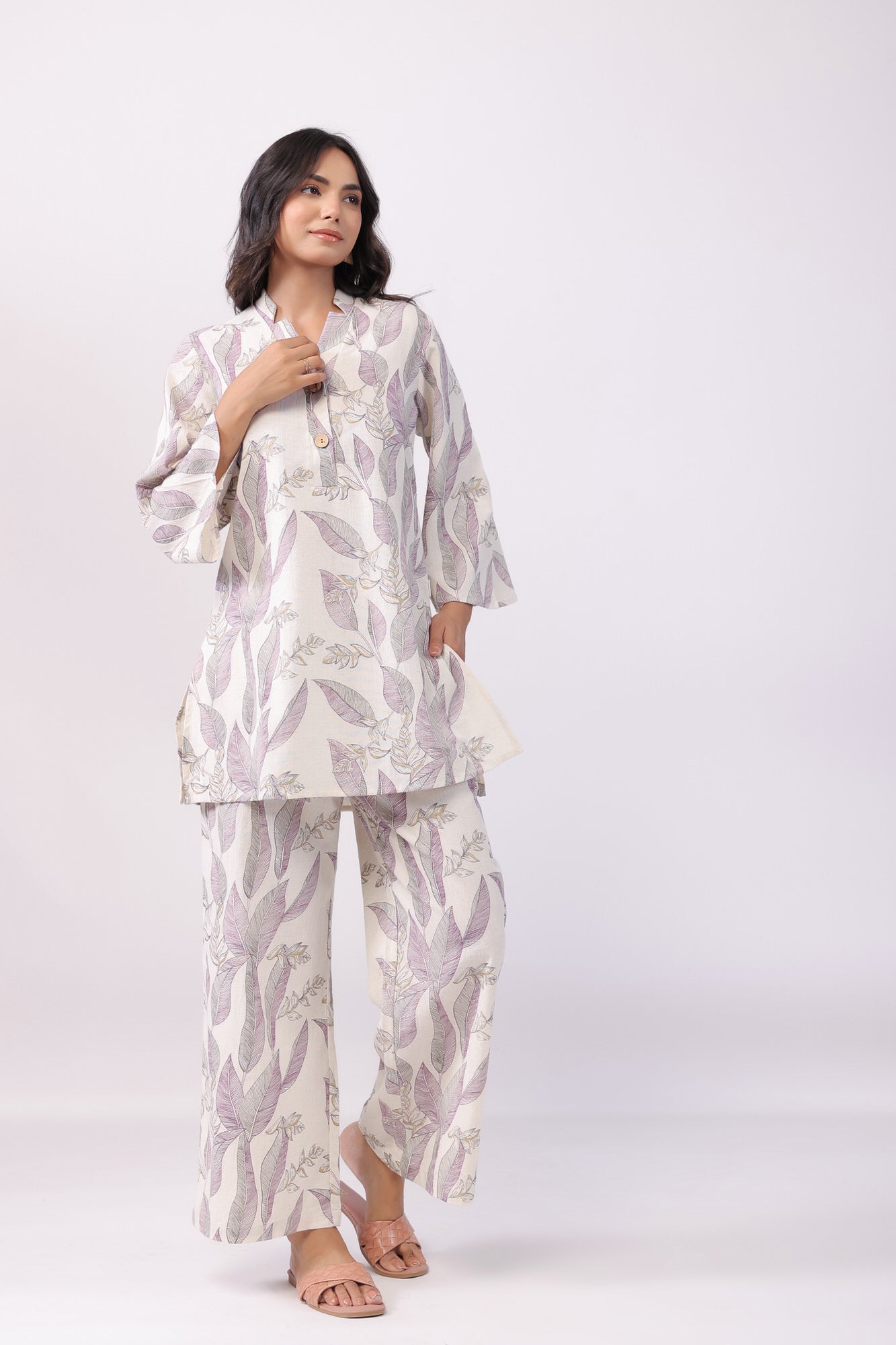 Leaflet Off-White Cotton Palazzo Loungewear Set