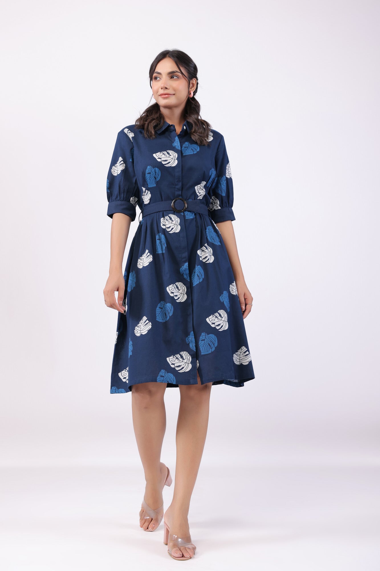 Leaf Whisper Blue Cotton Flex Midi Dress