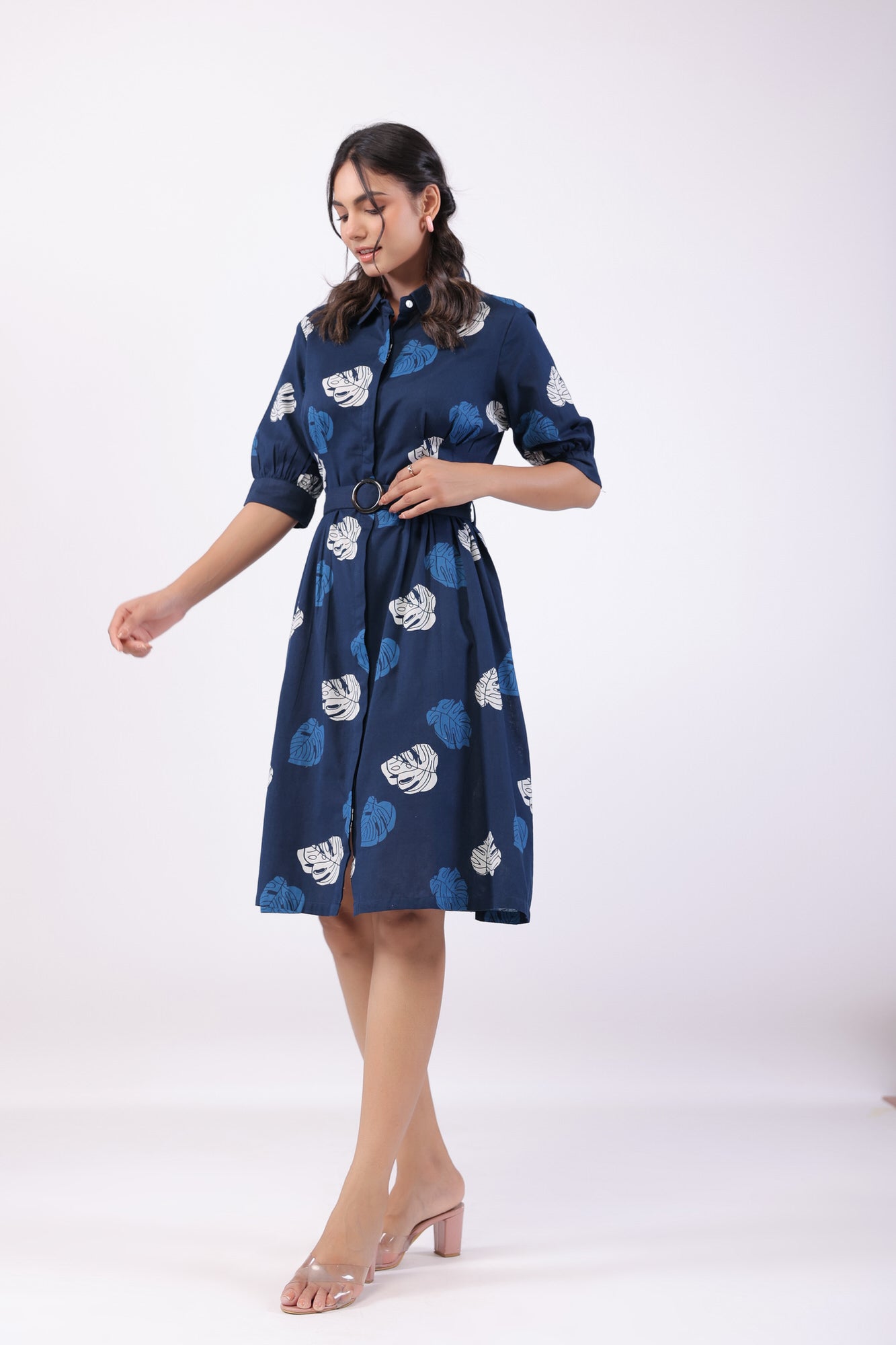 Leaf Whisper Blue Cotton Flex Midi Dress