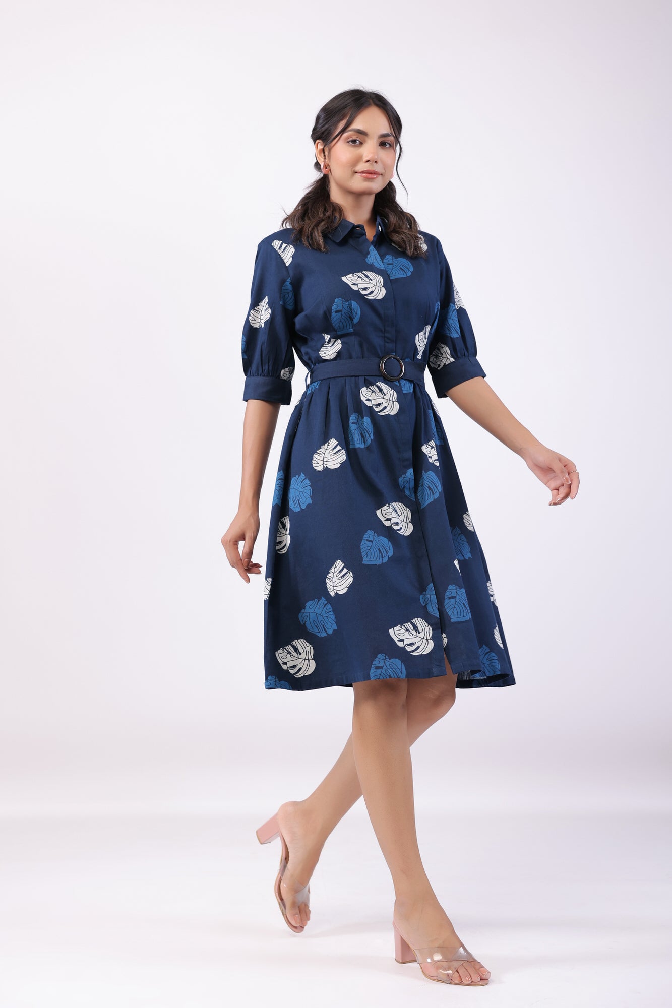 Leaf Whisper Blue Cotton Flex Midi Dress