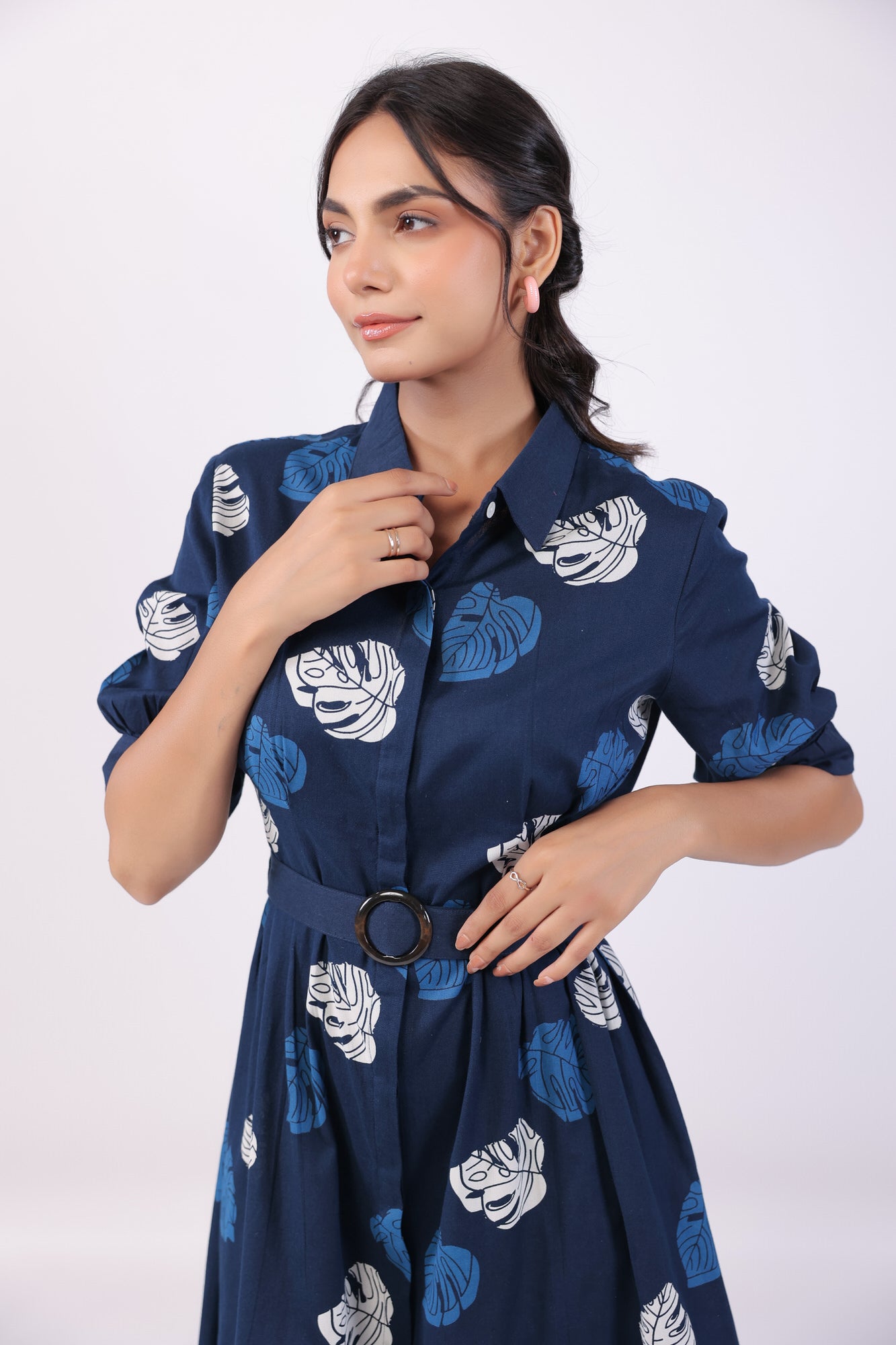 Leaf Whisper Blue Cotton Flex Midi Dress