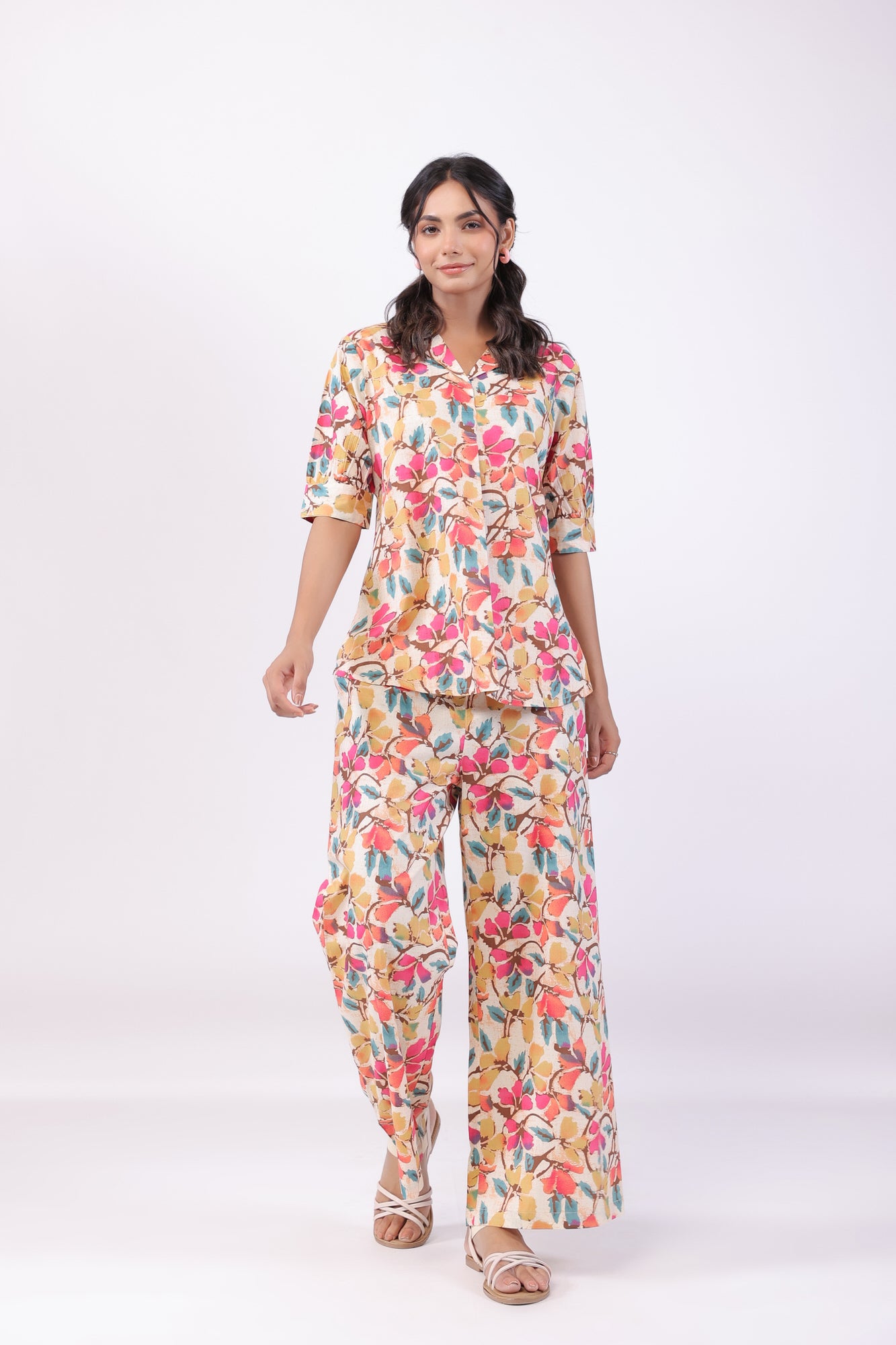 Lively Flowery Multicoloured Cotton Co-ord Set