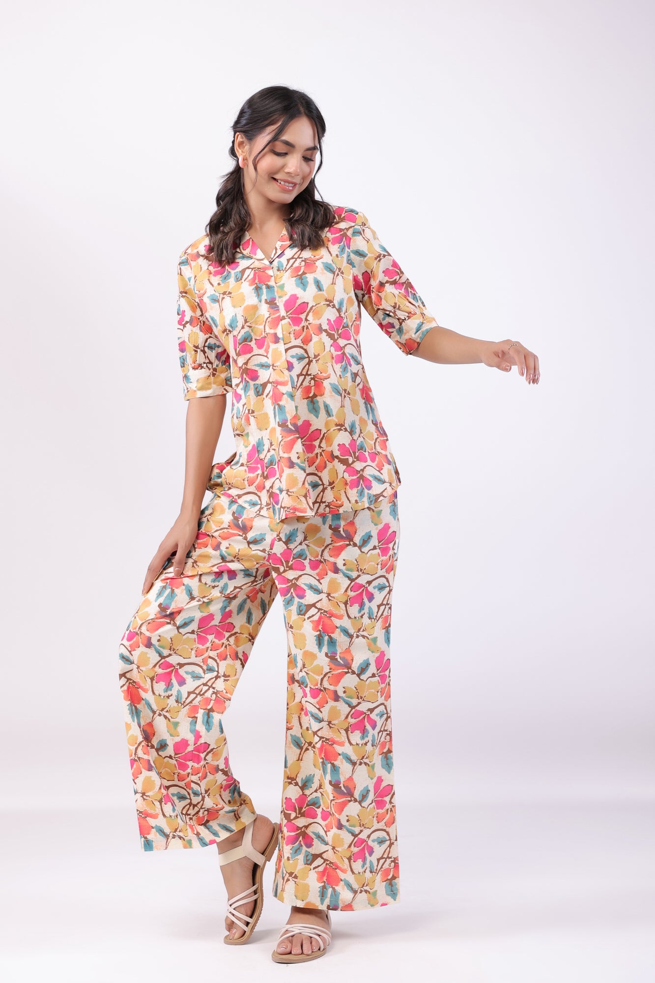 Lively Flowery Multicoloured Cotton Co-ord Set