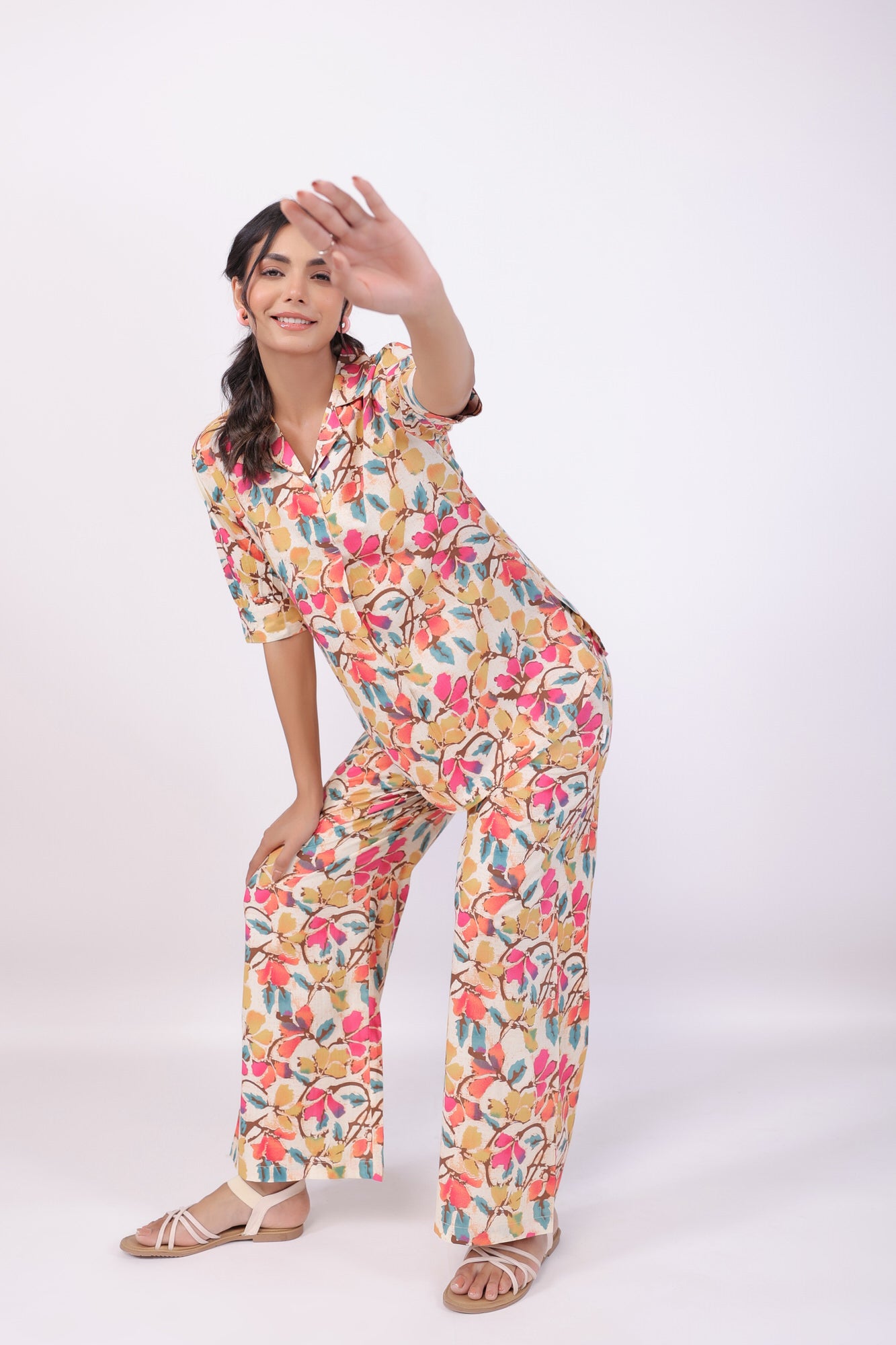 Lively Flowery Multicoloured Cotton Co-ord Set