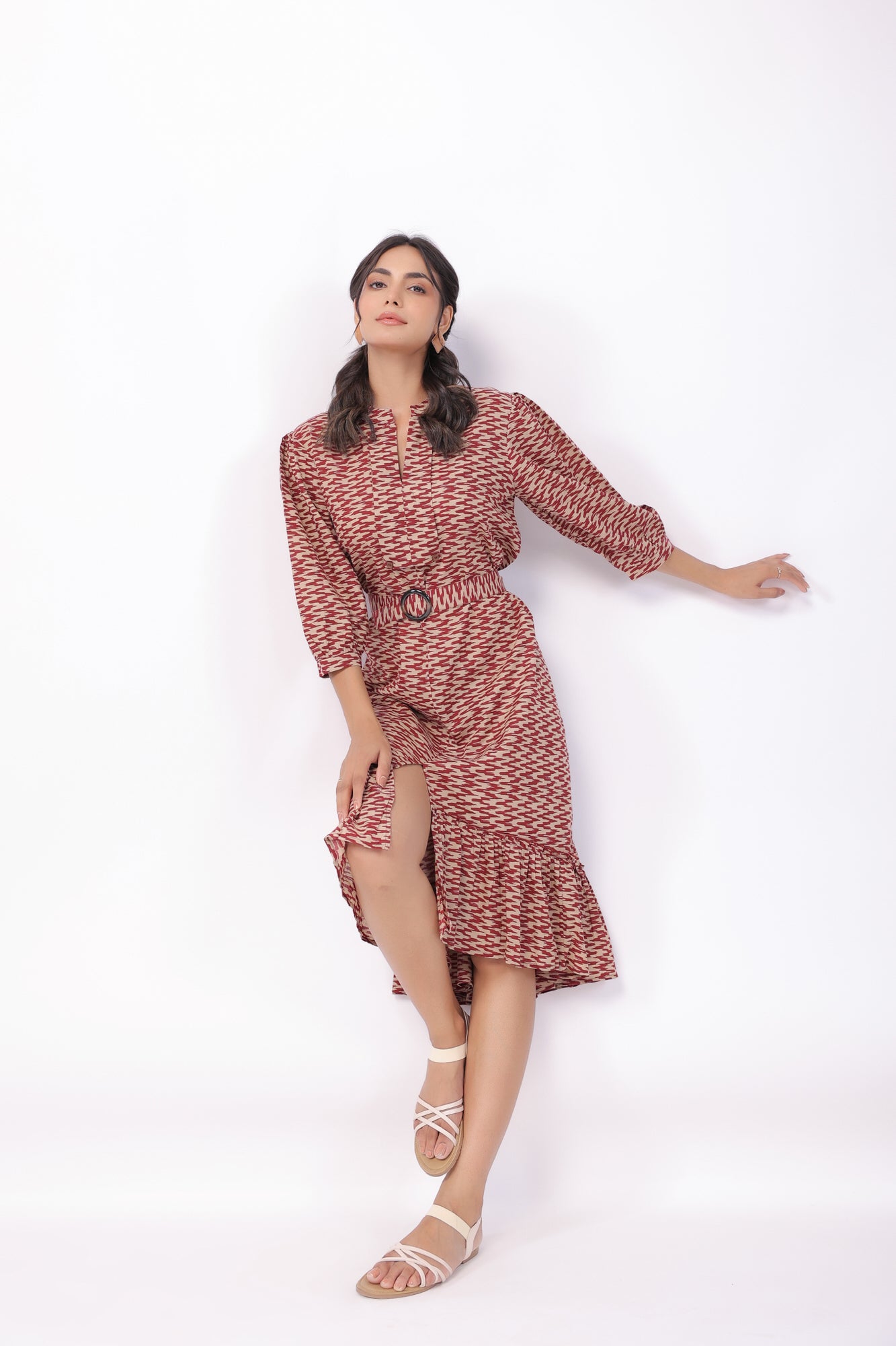 Maroon Chevron Charm Cotton Midi Dress