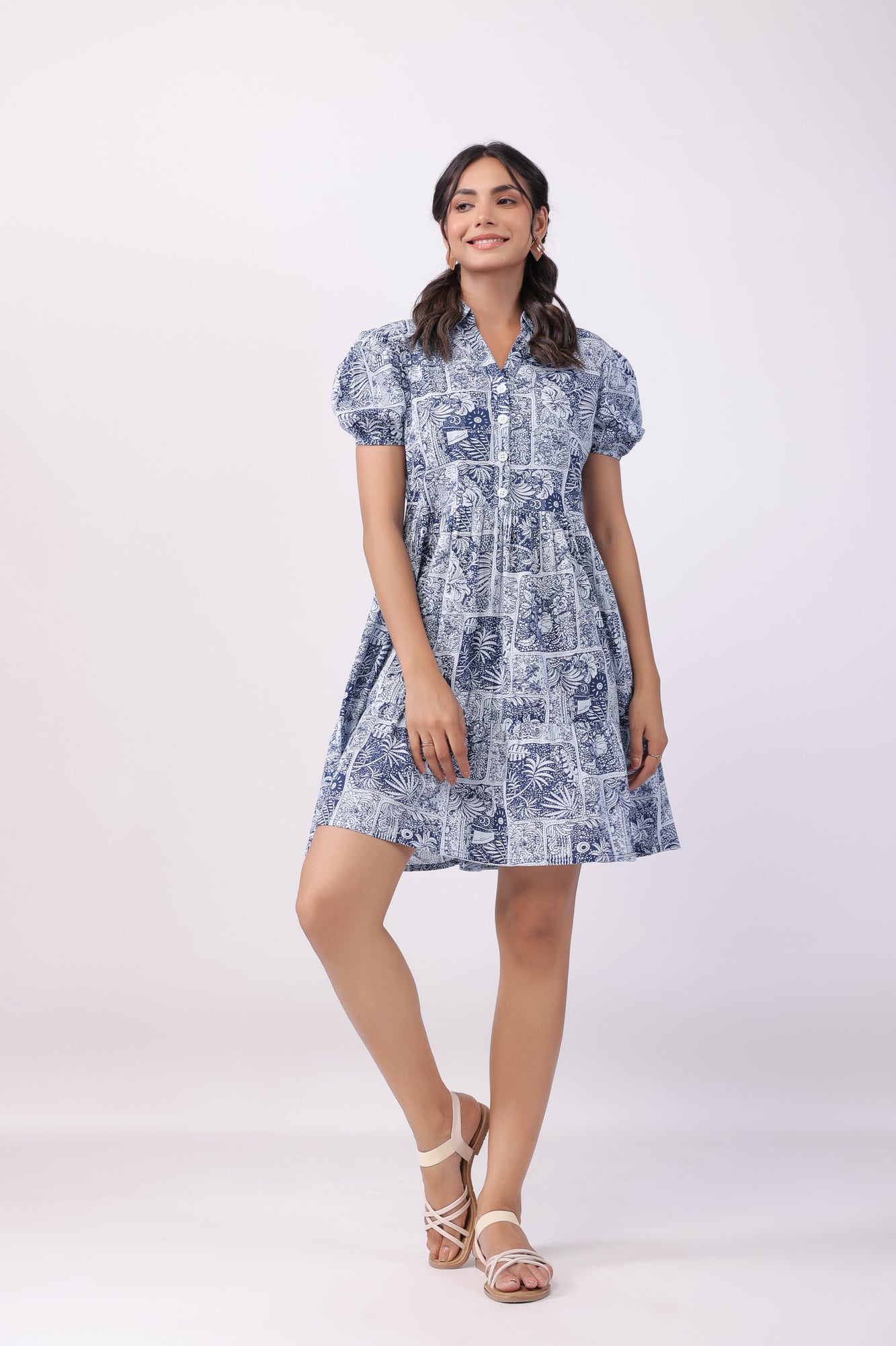 Leafy Shore Blue Cotton Dress