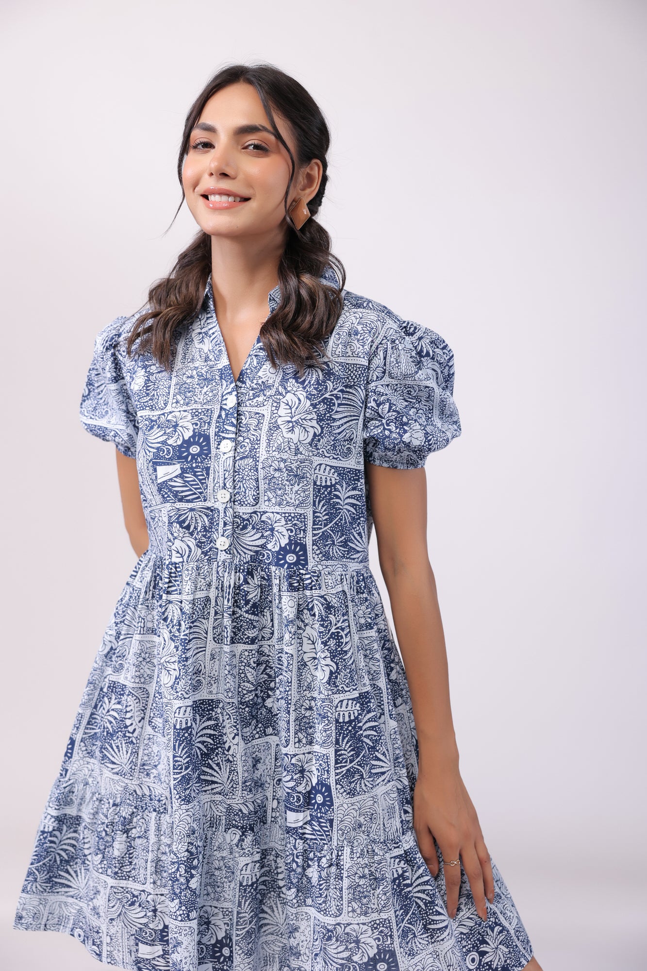 Leafy Shore Blue Cotton Dress