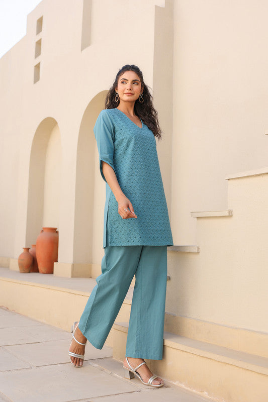 Teal Bliss Schiffli Co-ord Set