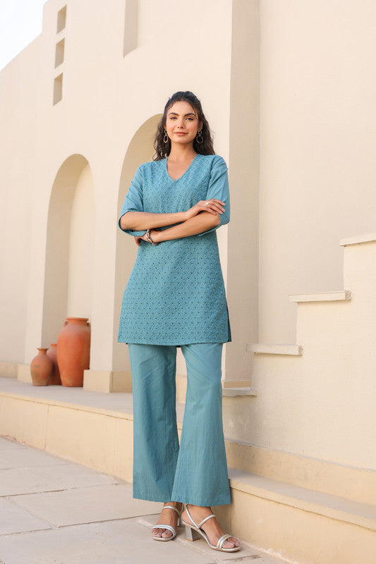 Teal Bliss Schiffli Co-ord Set