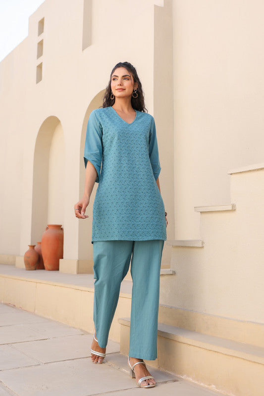 Teal Bliss Schiffli Co-ord Set