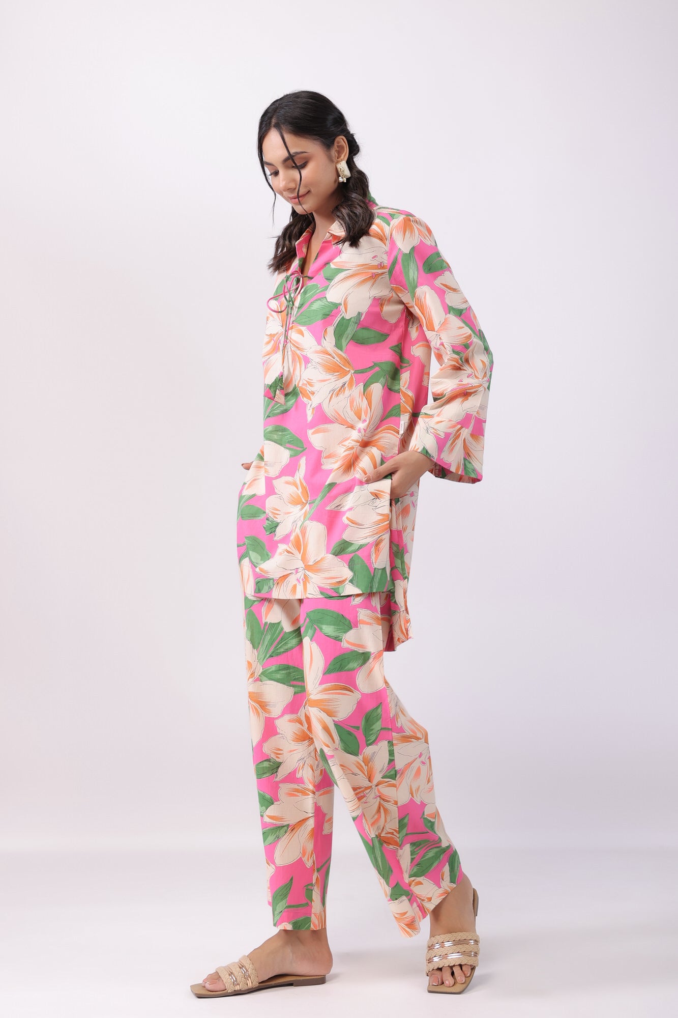 Azalea Pink Cotton Palazzo Loungewear Set