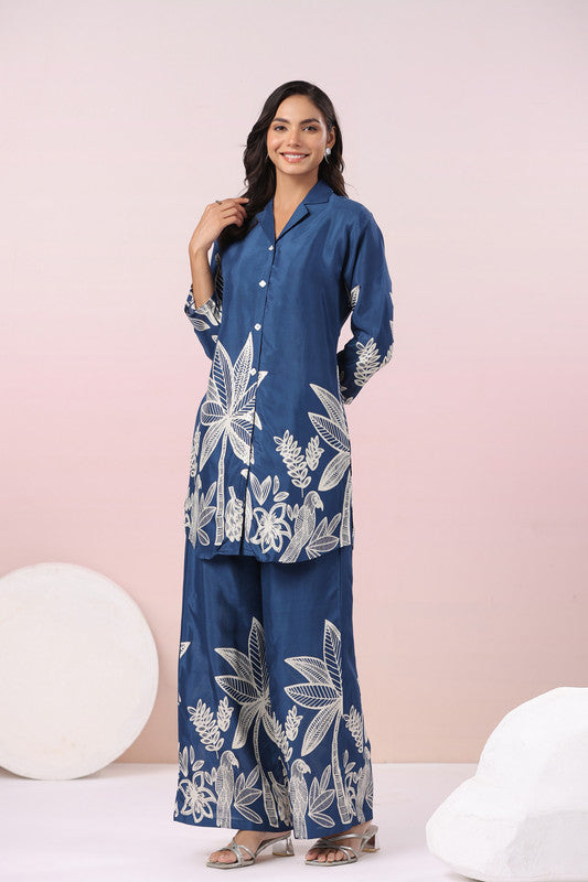 Midnight Palm Serenade Navy Blue Russian Silk Co-ord Set