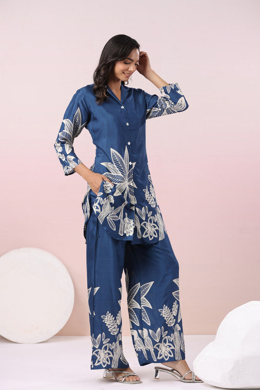 Midnight Palm Serenade Navy Blue Russian Silk Co-ord Set