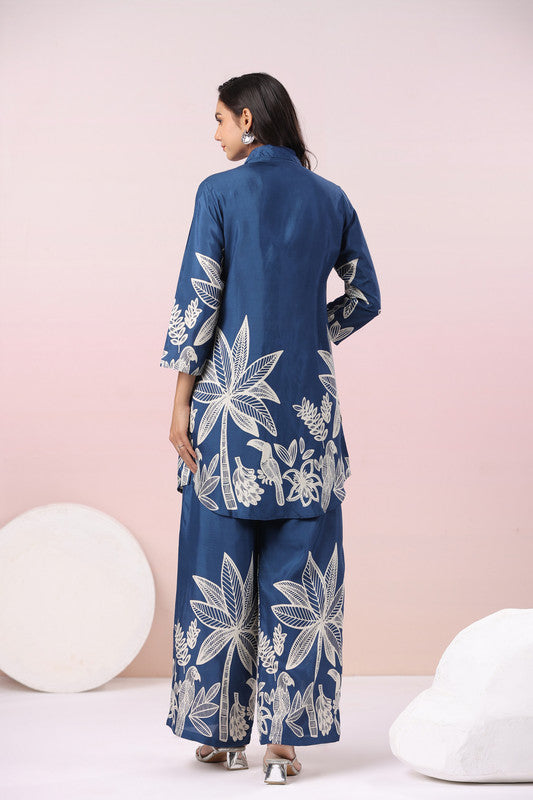 Midnight Palm Serenade Navy Blue Russian Silk Co-ord Set