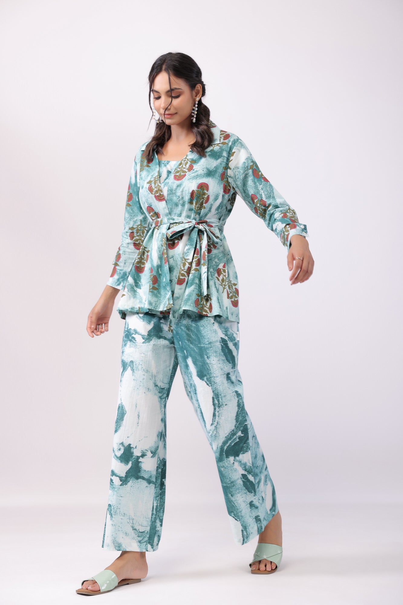 Sea Waves Green Three Piece Cotton Co-ord Set