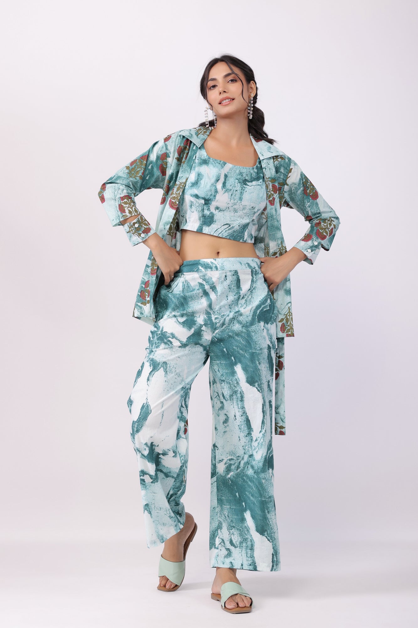 Sea Waves Green Three Piece Cotton Co-ord Set