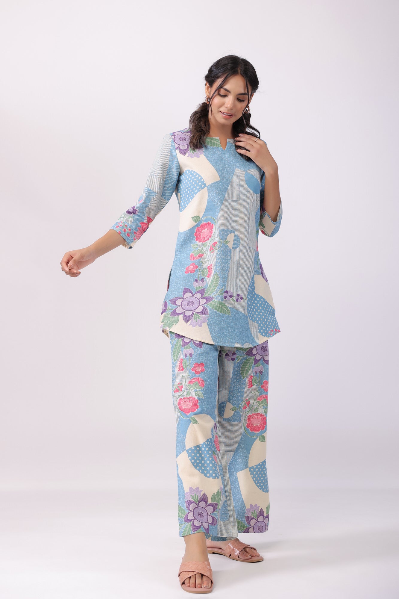 Distant Blooms Blue Cotton Co-ord Set