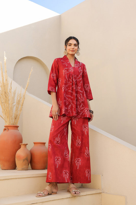 Crimson Palm Breeze Cotton Co-ord Set