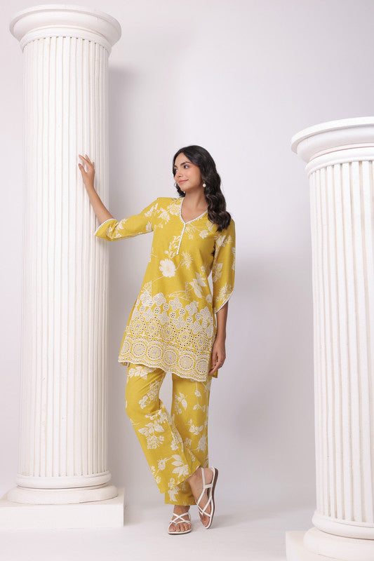 Golden Bloom Yellow Schiffli Cotton Co-ord Set