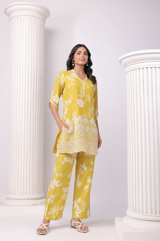 Golden Bloom Yellow Schiffli Cotton Co-ord Set