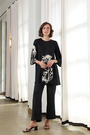 Charcoal Flora Printed Russian Silk Co-ord Set
